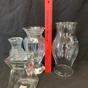 3 Glass Vases And A Glass Hurricane