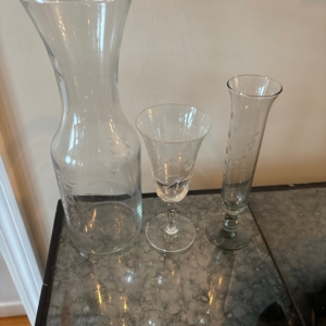 Etched Glass Carafe, Bud Vase And Flute Glass - Image 2