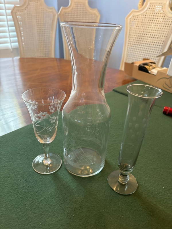 Etched Glass Carafe, Bud Vase And Flute Glass