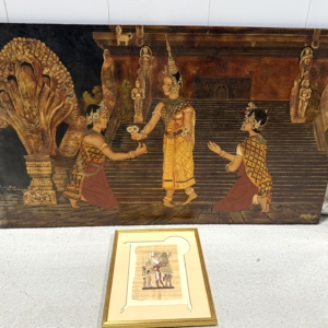 2pcs - Egyptian Art: Gold Color Framed Painting On Papyrus, Nguyen Palace Scene On Wood
